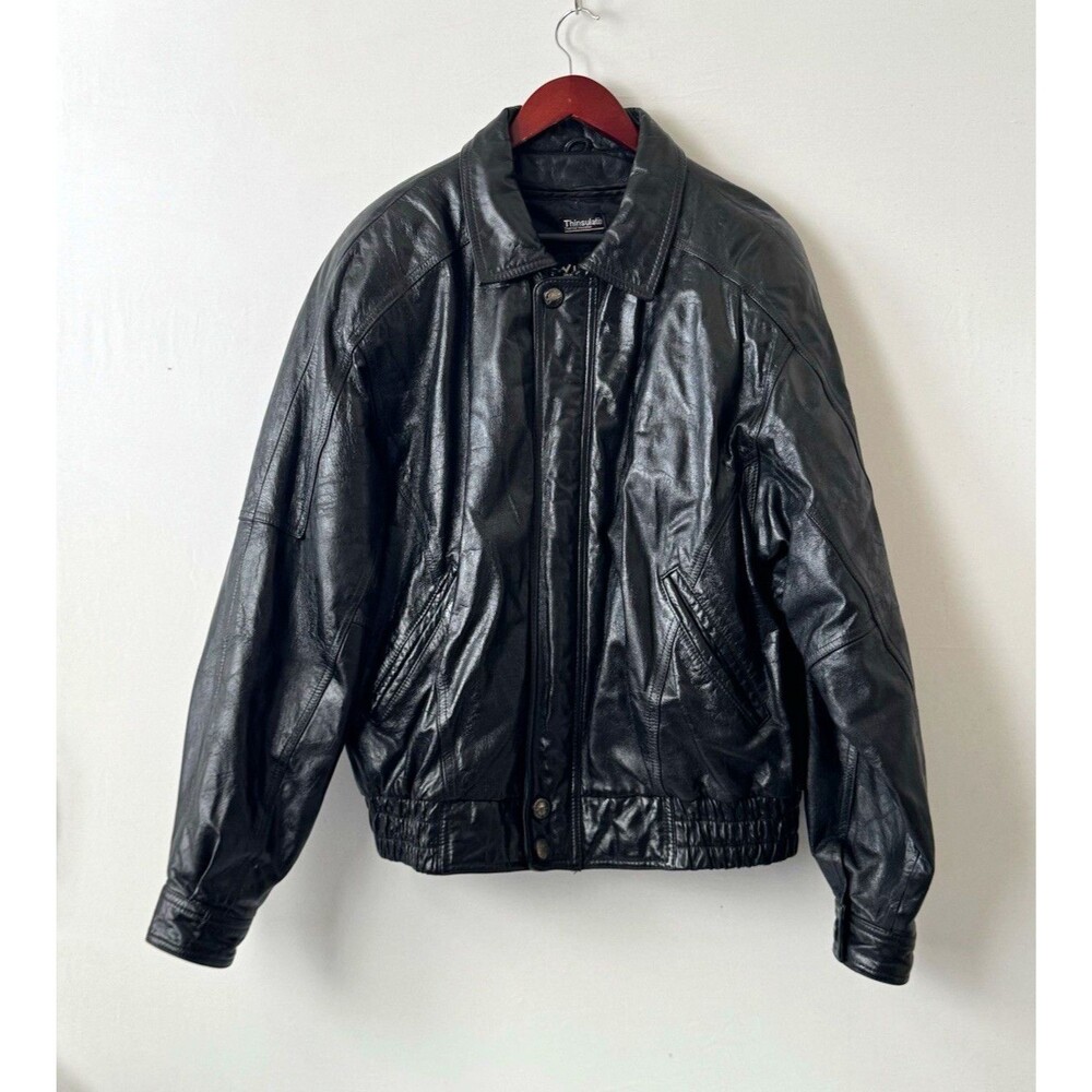 Wilsons Leather Experts Black Bomber Jacket Insulated Lined Mens L 48 Zip/Button